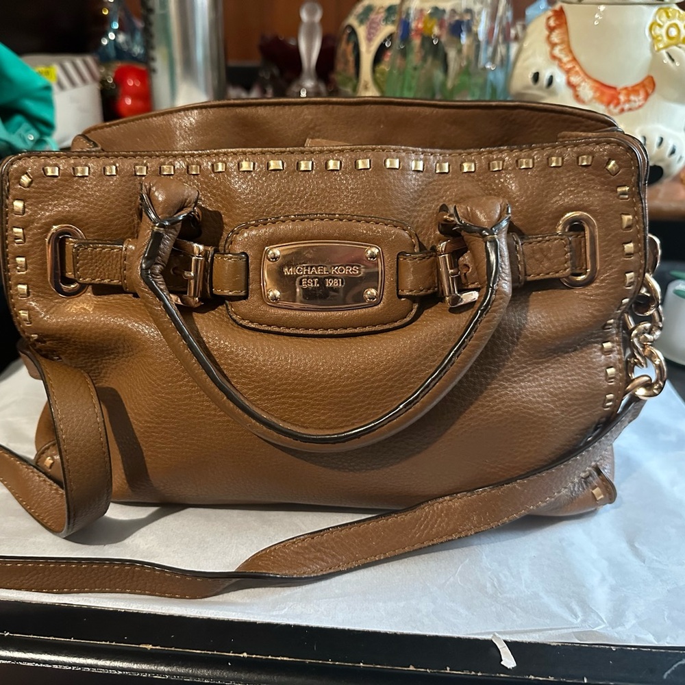 Michael Kors Hamilton Chestnut Leather Gold Studded Satchel/Crossbody Bag